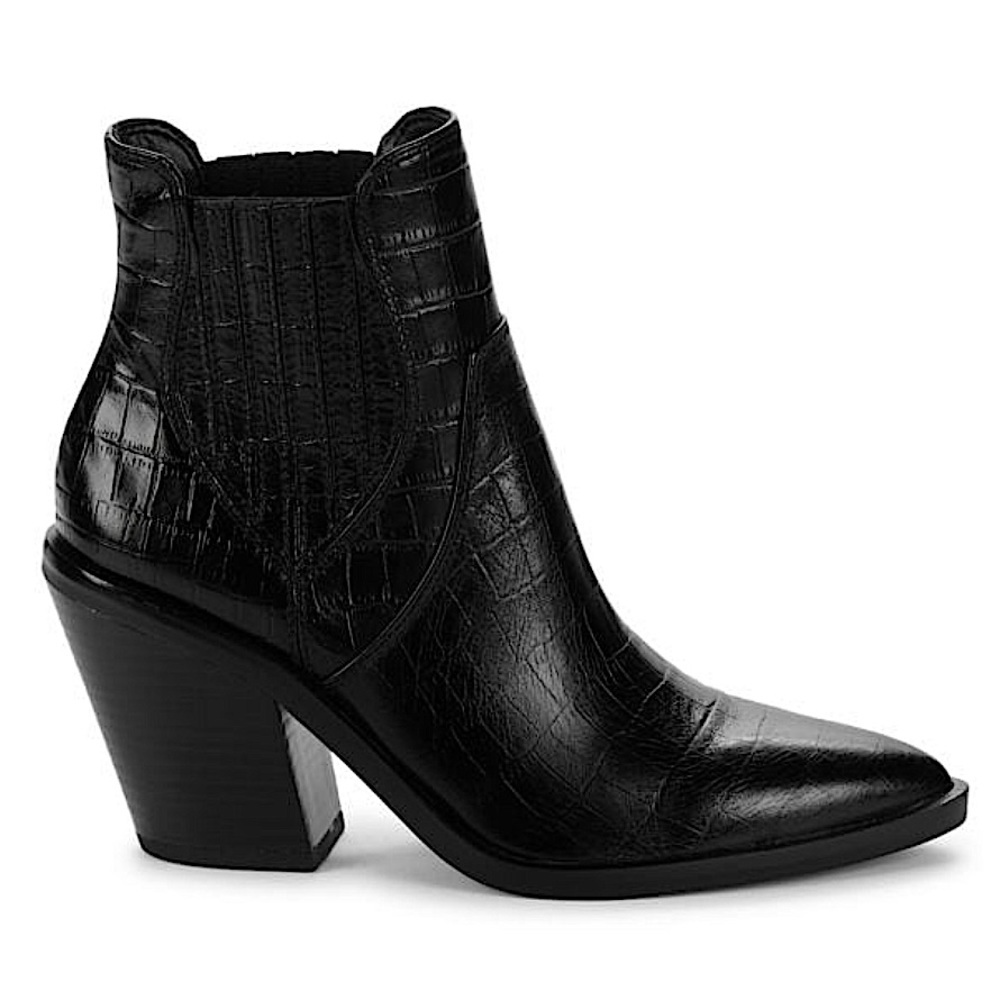 Rebecca Minkoff Sabana Croc Embossed Black Leather Western Ankle Boot